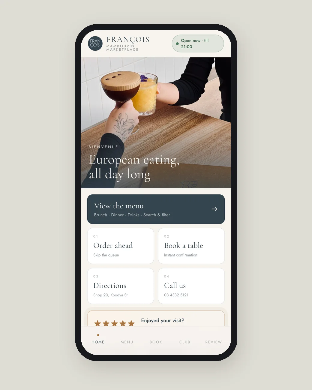 Cafe website redesign on a phone